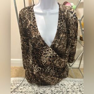chico's womens 3/4 sleeve faux wrap animal print v neck blouse sheer sleeves 3-L
